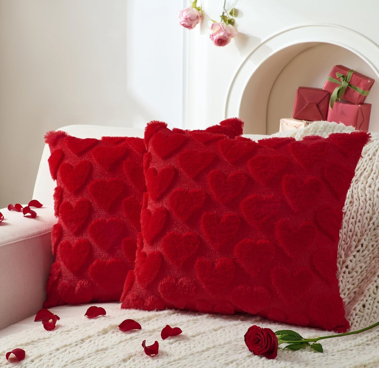Set of 2 Valentine's Day Pillow Covers - 18x18 Inch Red Heart Plush Faux Fur Jacquard Throw Pillows for Sofa & Bedroom Decor